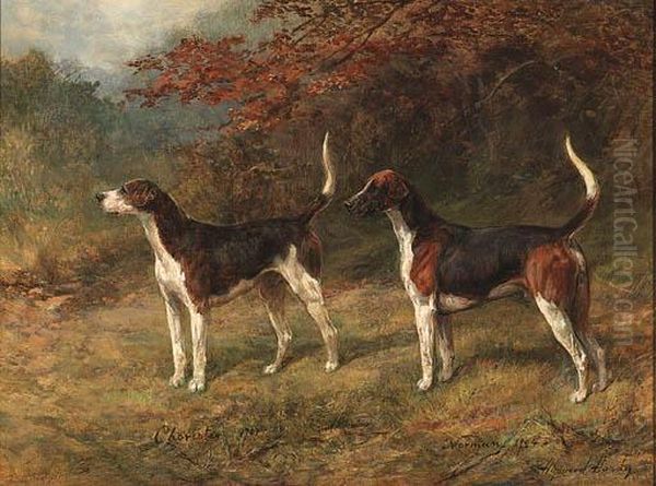 Chorister And Norman, One Couple Of Fox Hounds Beside Acovert Oil Painting by Heywood Hardy