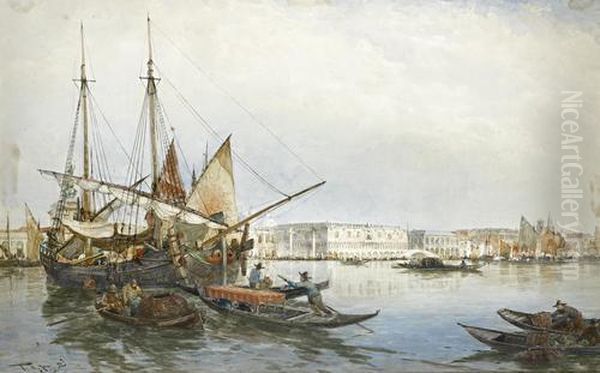 Boats In The Bacino Di S.marco, Venice, With The Doge's Palace Beyond Oil Painting by Thomas Bush Hardy