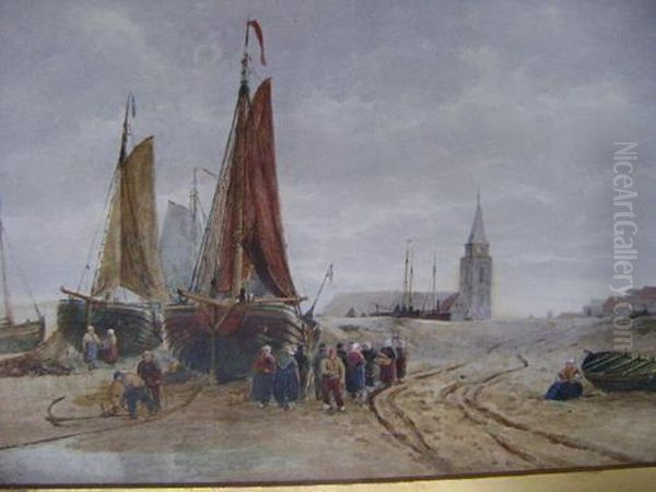 Figures Gathered Around Fishing Boats Oil Painting by Thomas Bush Hardy