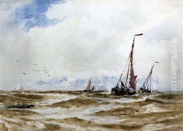 Fishing Boats At Sea Oil Painting by Thomas Bush Hardy