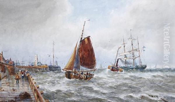 Fishing Boat And Other Vessels By A Harbour Oil Painting by Thomas Bush Hardy