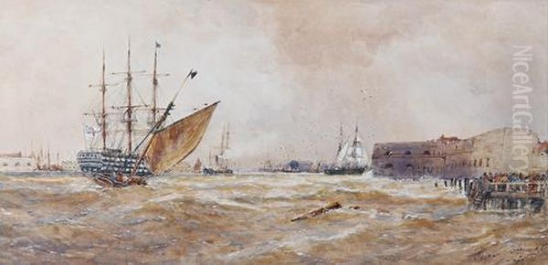 Hms Victory In Portsmouth Harbour Oil Painting by Thomas Bush Hardy