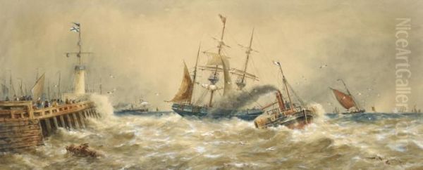 A Pilot Tug Towing A Three-master Out Of The Harbour At Calais Oil Painting by Thomas Bush Hardy