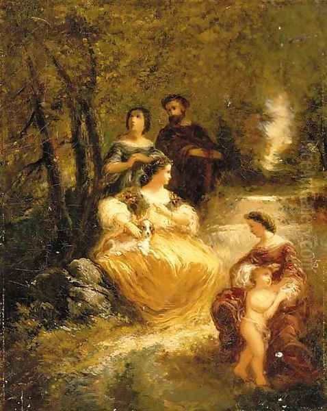 Figures by a stream in a woodland glen Oil Painting by Adolphe Joseph Thomas Monticelli