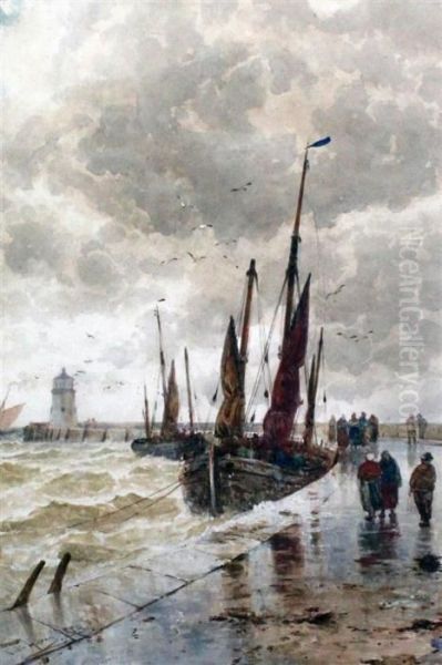 Calais Luggers In Ramsgate Harbour Oil Painting by Thomas Bush Hardy