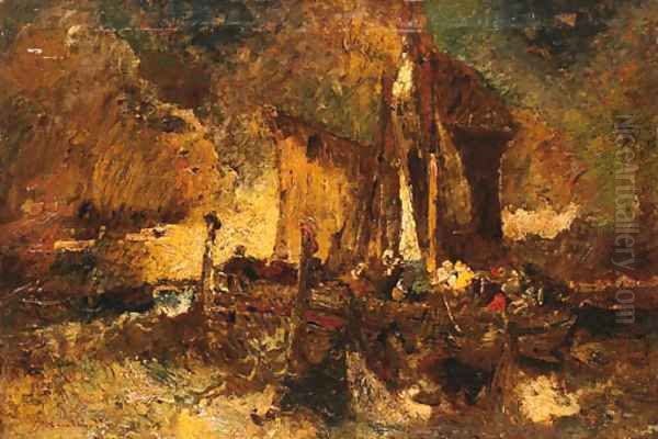 Fishermen lifting the nets before the storm, Coastal scene Oil Painting by Adolphe Joseph Thomas Monticelli