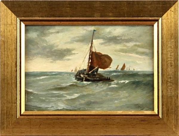 Fishing Boat In A Swell 
Bears Signature Oil Painting by Thomas Bush Hardy