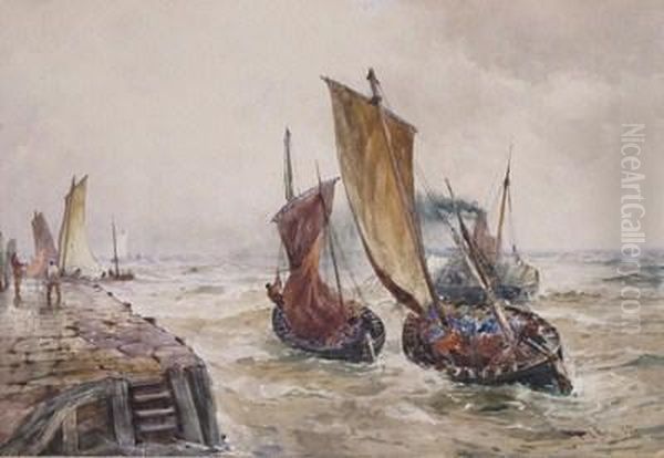 Fishing Boats And A Paddle Steamer Leaving Harbour Oil Painting by Thomas Bush Hardy