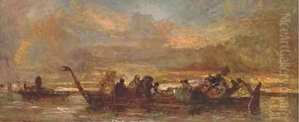 An elegant party on the Venetian Lagoon Oil Painting by Adolphe Joseph Thomas Monticelli