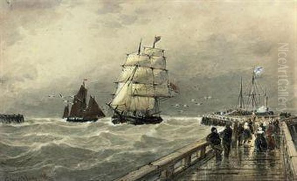 A Frigate And Other Shipping In The Entrance To Calaisharbour Oil Painting by Thomas Bush Hardy