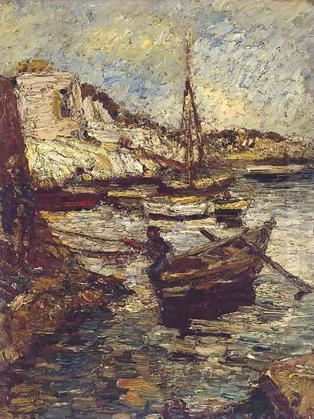 Boats in a harbour Oil Painting by Adolphe Joseph Thomas Monticelli