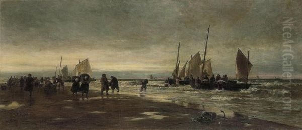 Dutch Fisherfolk Unloading The Day's Catch Onto The Beach Atscheveningen Oil Painting by Thomas Bush Hardy