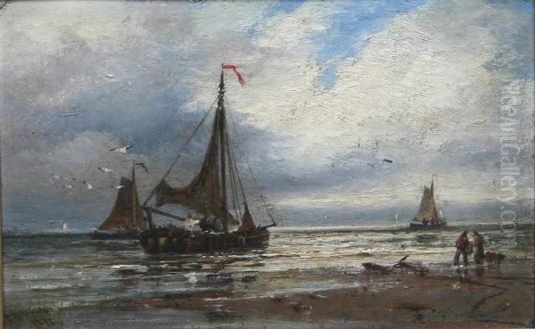 Fishing Boats By Shore With Figures On Beach Oil Painting by Thomas Bush Hardy