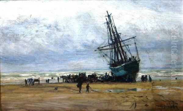 Beached Three Masted Vessel With Figures Oil Painting by Thomas Bush Hardy