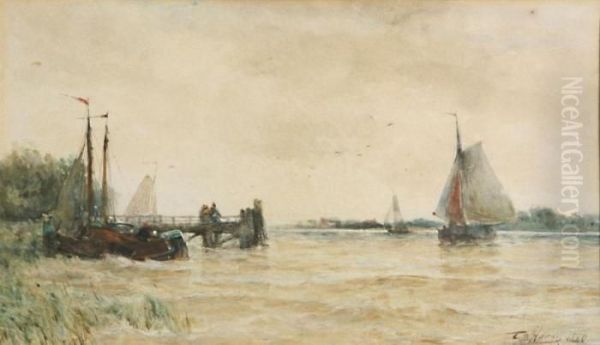 Yachts On The Water With Figures On The Stockade Oil Painting by Thomas Bush Hardy