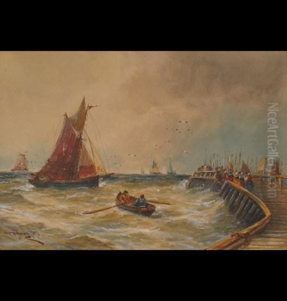 Calais Pier With Figures And Shipping Oil Painting by Thomas Bush Hardy