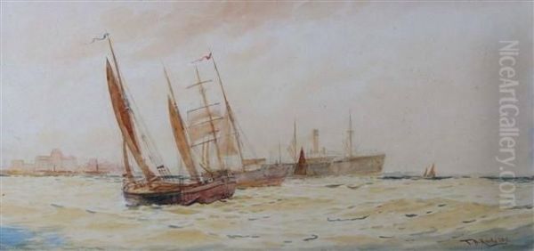 Fishing Vessels And A Passenger Liner Off The Coast Oil Painting by Thomas Bush Hardy