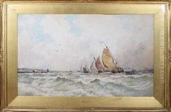 Dutch Shipping Off The Coast In A Stiff Onshore Breeze Oil Painting by Thomas Bush Hardy