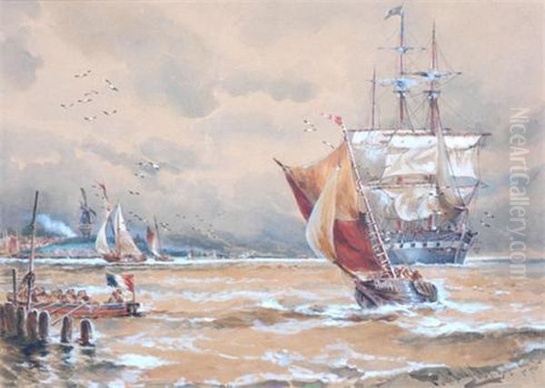 Barques Hove To For Pilot Oil Painting by Thomas Bush Hardy