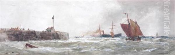 Fishing Boats And A Steamer Leaving Harbour Oil Painting by Thomas Bush Hardy