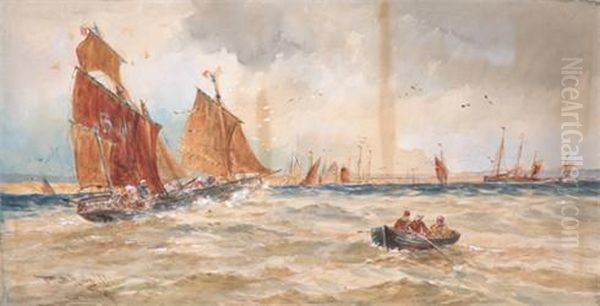 French Fishing Boats Entering Harbour Oil Painting by Thomas Bush Hardy