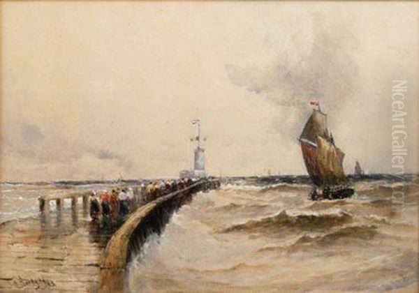 Figures On A Jetty With Fishing Boats Leaving Harbour Oil Painting by Thomas Bush Hardy