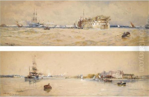 A Training Hulk On The Medway; Upnor Castle On The Medway Oil Painting by Thomas Bush Hardy