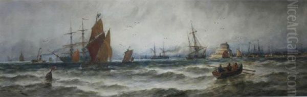 Sailing Vessels In Coastal Waters Oil Painting by Thomas Bush Hardy