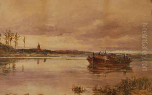 Large Barge Hauled By Rope On A Tow Path Oil Painting by Thomas Bush Hardy