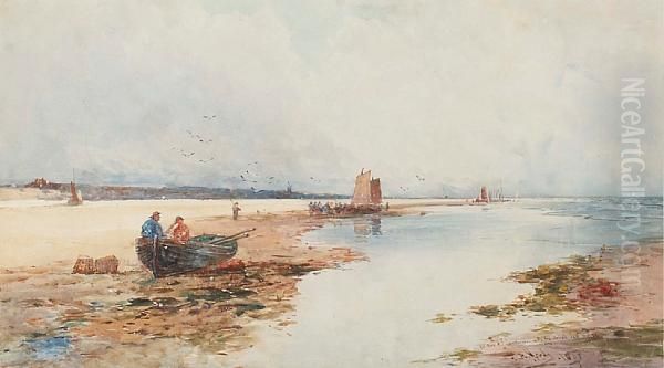 Beached Rowing Boat And Fishing Oil Painting by Thomas Bush Hardy