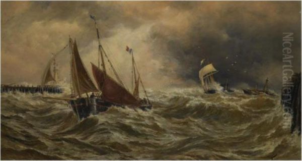 Shipping In A Storm Off Calais Harbour Oil Painting by Thomas Bush Hardy