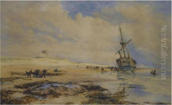 Sailors Salvaging A Wreck Below Banborough Castle Oil Painting by Thomas Bush Hardy