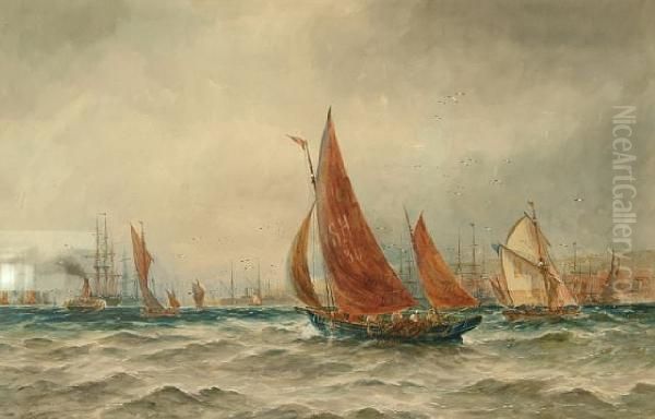 'at North Shields' - Busy Shipping Oil Painting by Thomas Bush Hardy