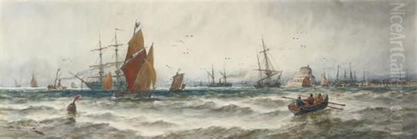 A Busy Shipping Lane Oil Painting by Thomas Bush Hardy