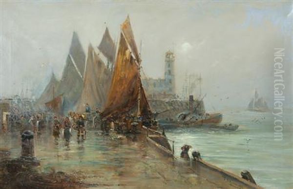 Fisherfolk On A Quay Oil Painting by Thomas Bush Hardy