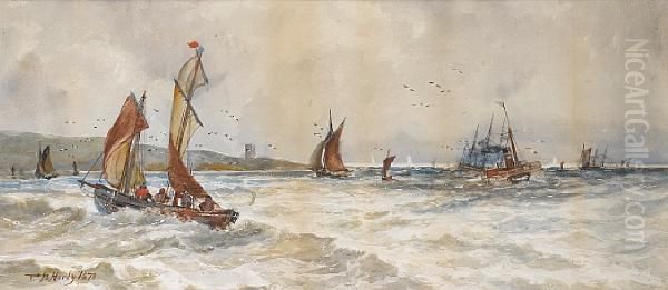 Fishing Boats And A Paddle Steamer Offreculver. Watercolour, Signed And Dated 1878. Oil Painting by Thomas Bush Hardy