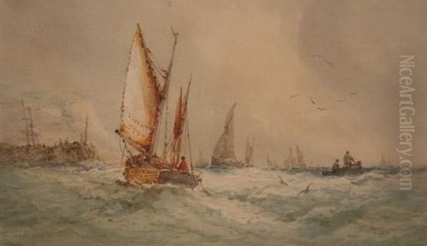 Sailing Boats Off A Harbour Oil Painting by Thomas Bush Hardy