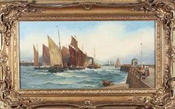 Fishing Boats Under Tow, Calais Harbour. Oil Painting by Thomas Bush Hardy