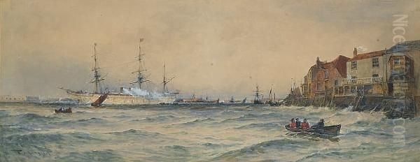 'h.m.s. 'orontes' Leaving Portsmouth With Troops For The East Oil Painting by Thomas Bush Hardy