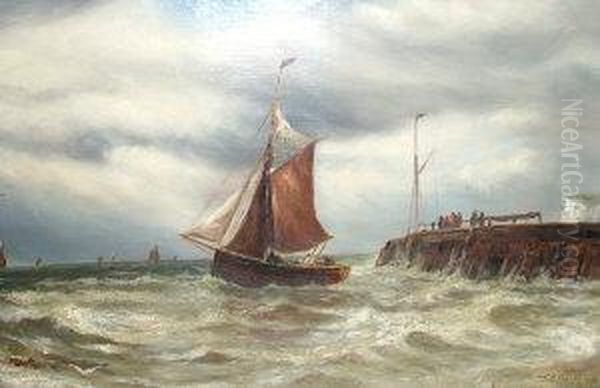 Rba -- Shipping Off A Pier Beneath Stormy Skies Oil Painting by Thomas Bush Hardy