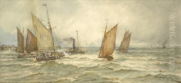 Fishing Boats And Paddle Tug Off A Pier Oil Painting by Thomas Bush Hardy