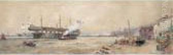 A Training Ship In An Estuary Oil Painting by Thomas Bush Hardy