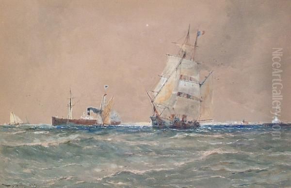 A Steam Boat And Sailing Ships Leaving Port Oil Painting by Thomas Bush Hardy