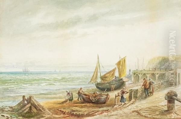 Coast With Fischermen On The Beach Oil Painting by Thomas Bush Hardy