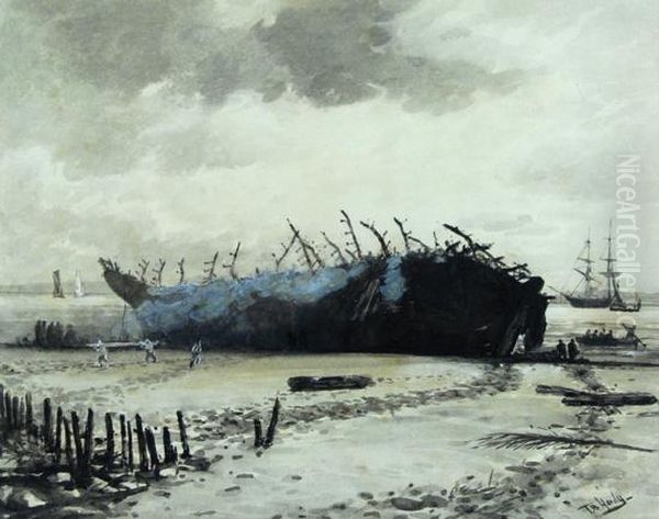 The Hulk Of H.m.s. Goliath After The Fire Oil Painting by Thomas Bush Hardy