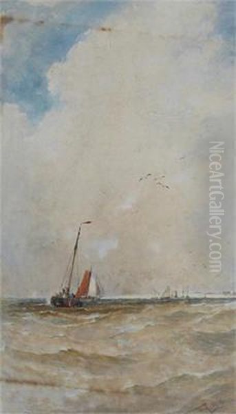 Vessels In A Choppy Sea Off A Headland Oil Painting by Thomas Bush Hardy