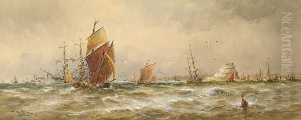 Vessels Entering And Leaving Harbour, Possibly Portsmouth Oil Painting by Thomas Bush Hardy