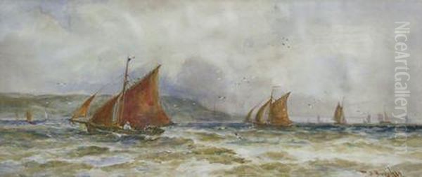 R.w.s. Shipping Off Shore Oil Painting by Thomas Bush Hardy