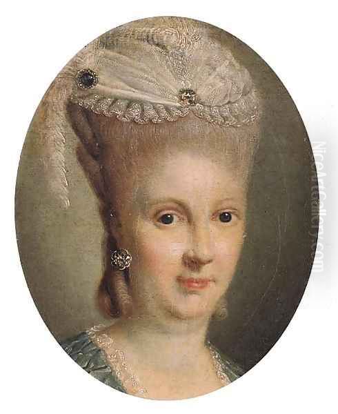 Portrait of Luise, Duchess of Mecklenburg-Schwerin (1756-1808), small bust length, wearing a light blue dress with lace chemise Oil Painting by Georg David Matthieu