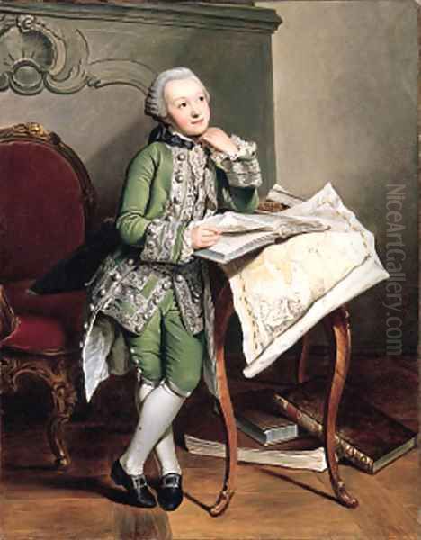 Portrait of Prince Friedrich-Franz I zu Mecklenburg-Schwerin (1756-1785), small full-length, in an embroidered green suit, at his studies Oil Painting by Georg David Matthieu